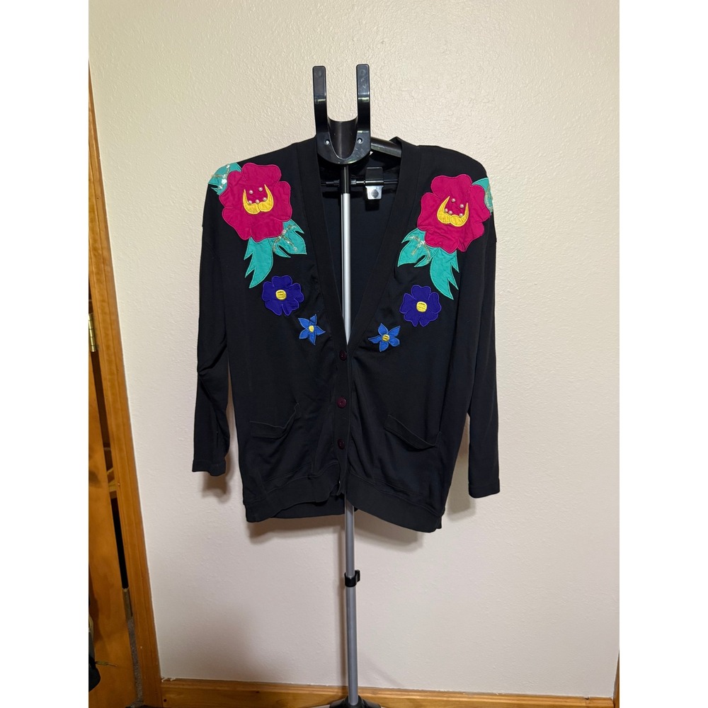 Vintage‎ Exclusive Imports Black Floral Applique Cardigan Sequin Pearl Accents